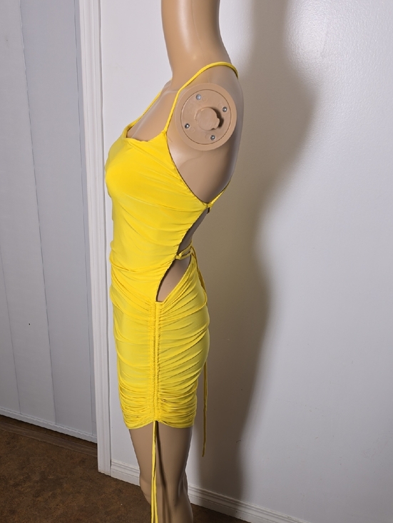 Yellow Ruched Spaghetti-Strap Dress - XS - Picture 2 of 4